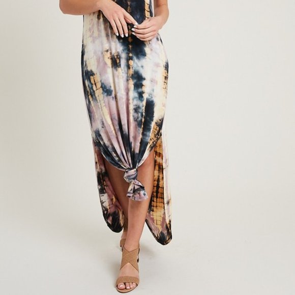 INDIE Black, Mauve & Cream Tie Dye Maxi Dress w/ Pockets - Picture 6 of 8